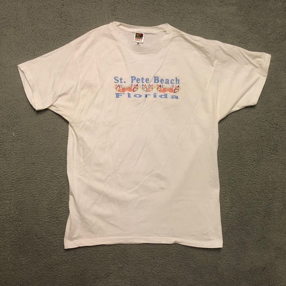 Vtg St Pete Beach Florida Butterfly Embroidered White T-Shirt XL Beach Tourist